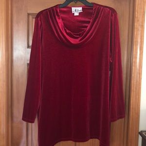 Long red velvet cowl neck tunic.